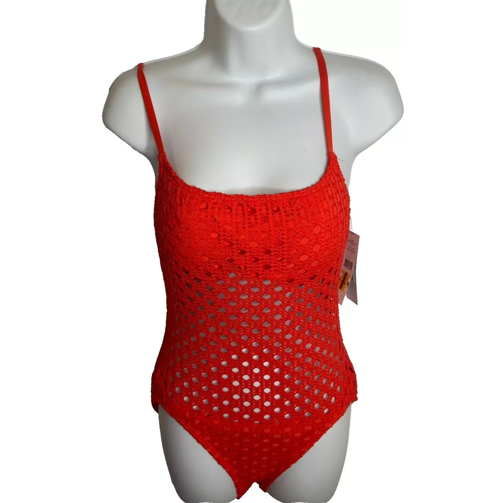 Carmen Marc Valvo Crochet Mesh One Piece Swimsuit Lined Persimmon Sz 14 NWT